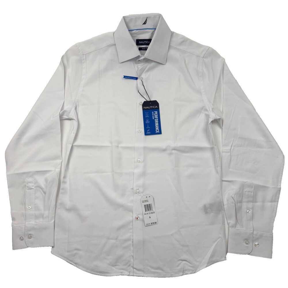 $79 NEW NAUTICA Mens 14-14 1/2 32/33 Solid White Slim Fit Stretch Dress Shirt